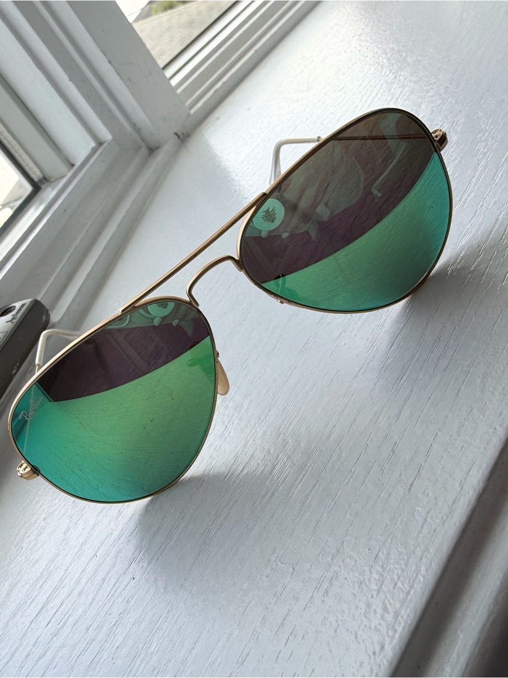 Ray-Ban Gold Frame Sunglasses with Green Mirrored Lenses